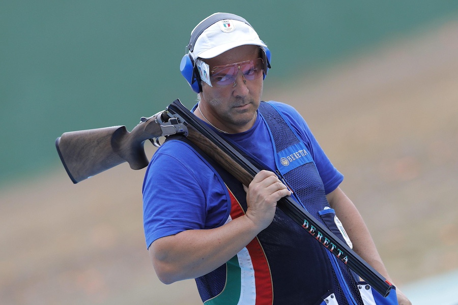 epa05465709 Giovanni Pellielo of Italy reacts during the men's Trap final of the Rio 2016 Olympic Games Shooting events at the Olympic Shooting Centre in Rio de Janeiro, Brazil, 08 August 2016.  EPA/VALDRIN XHEMAJ